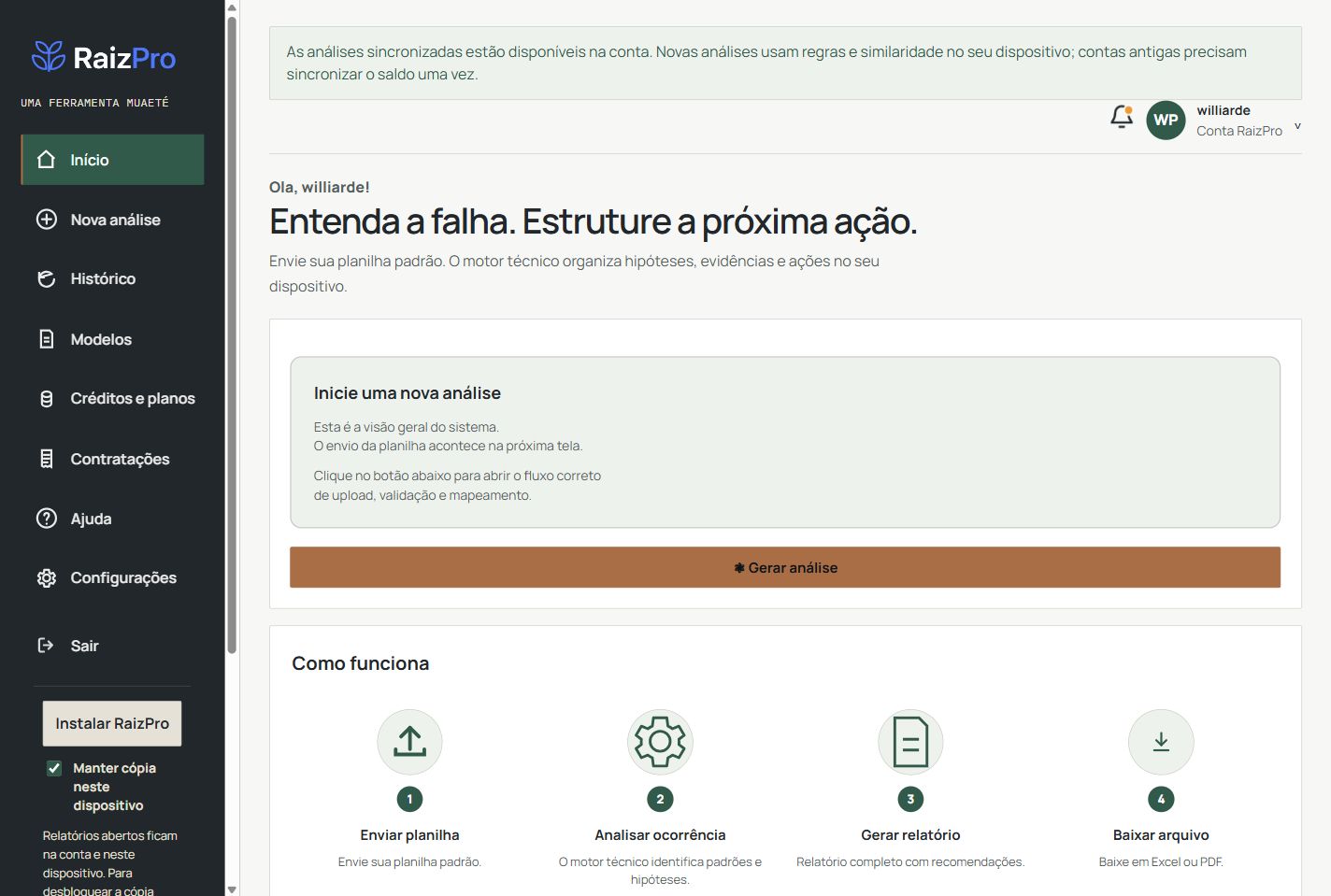 Interface atual do RaizPro: menu grafite, início da análise e ações em cobre, com conta sintética